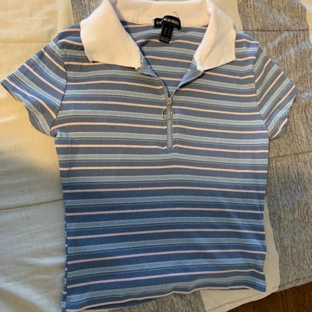 Quarter Zip Striped Baby Tee with Collared Top